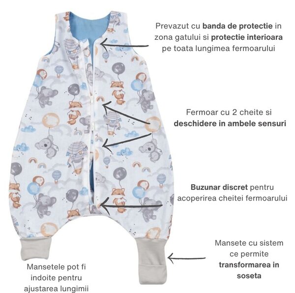 Sac de dormit de vara cu picioare 6-18 luni Kidizi Tiny Adventures 0.5 tog, mansete transformabile in soseta
