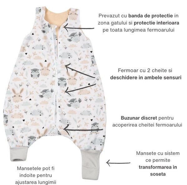 Sac de dormit de vara cu picioare 6-18 luni Kidizi Forest Friends 0.5 tog, mansete transformabile in soseta
