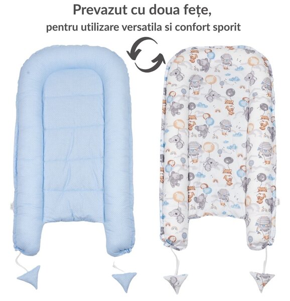 Cosulet patut bebe tip baby nest din bumbac 90x50 cm, cu doua fete Kidizi Tiny Adventures, albastru, lavabil la masina automata