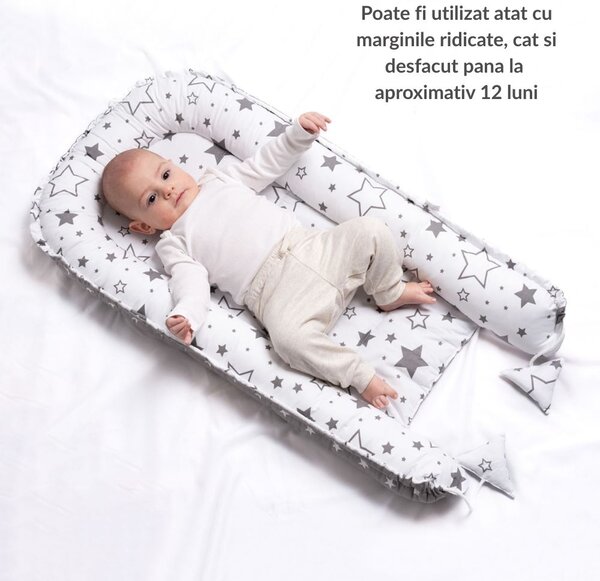 Cosulet patut bebe tip babynest din bumbac 90x50 cm, cu doua fete Kidizi Ducky, alb