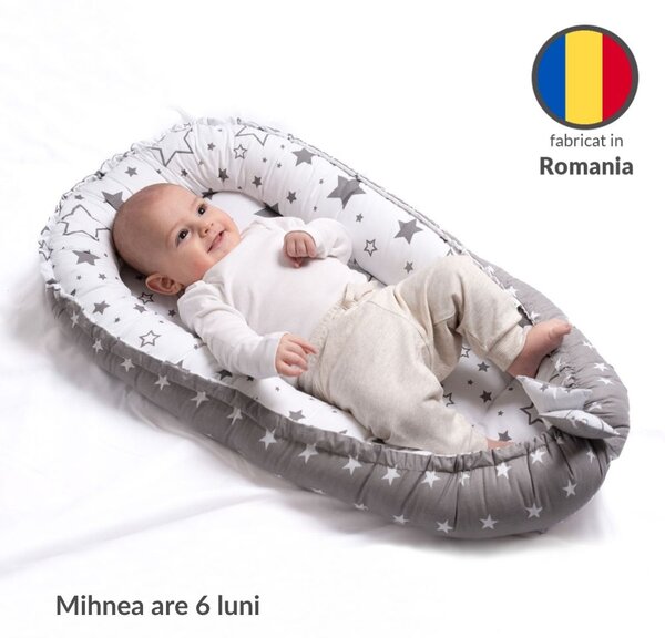Cosulet patut bebe tip babynest din bumbac 90x50 cm, cu doua fete Kidizi Ducky, alb