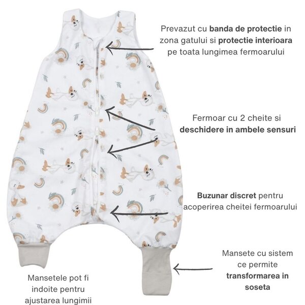 Sac de dormit de vara cu picioare 6-18 luni Kidizi Ducky 0.5 tog, mansete transformabile in soseta