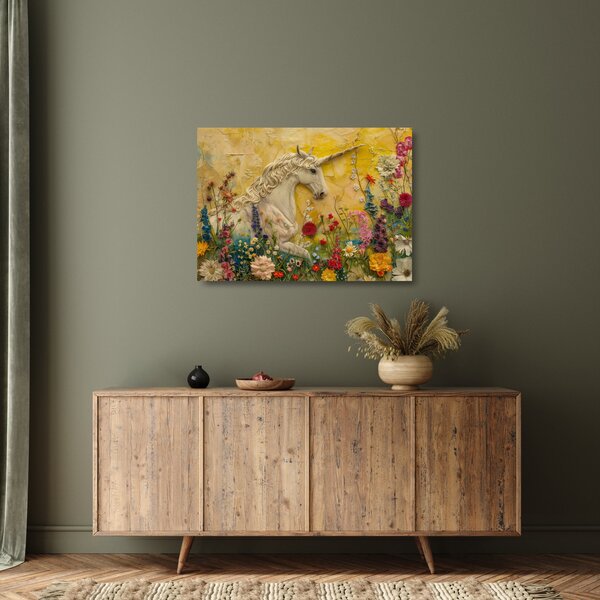 Tablou pe sticlă - Unicorn cu flori (70x50 cm)