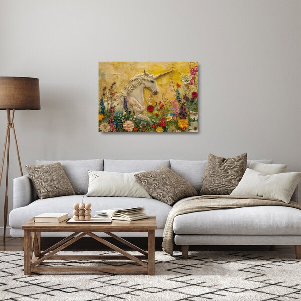 Tablou pe sticlă - Unicorn cu flori (70x50 cm)
