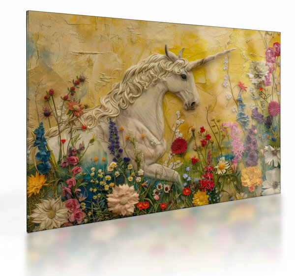 Tablou pe sticlă - Unicorn cu flori (70x50 cm)