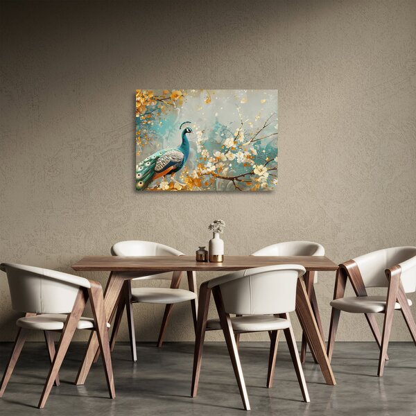 Tablou pe sticlă - Păun cu decor de aur (70x50 cm)