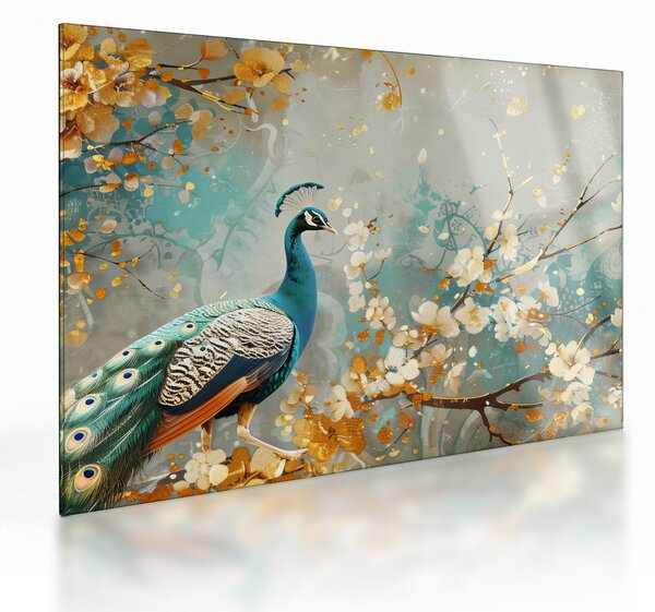 Tablou pe sticlă - Păun cu decor de aur (70x50 cm)