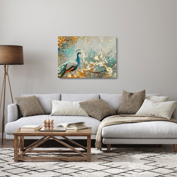 Tablou pe sticlă - Păun cu decor de aur (70x50 cm)
