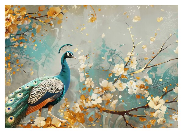 Tablou pe sticlă - Păun cu decor de aur (70x50 cm)