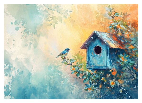 Tablou pe sticlă - Birdhouse, acuarelă, acuarelă (70x50 cm)