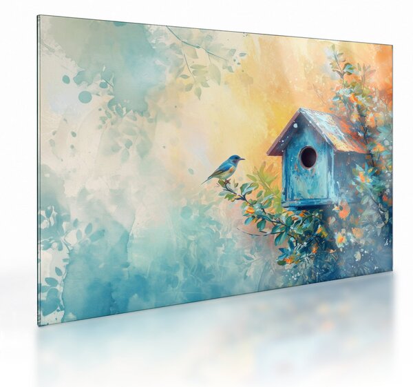 Tablou pe sticlă - Birdhouse, acuarelă, acuarelă (70x50 cm)