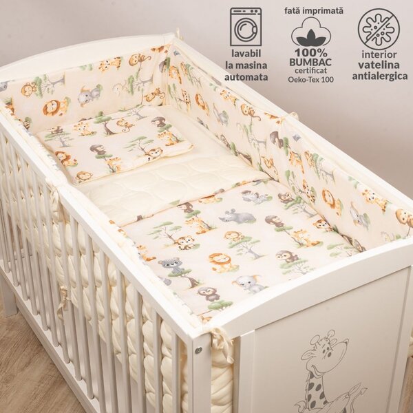 Set lenjerie patut 120x60 cm 5 piese Kidizi Baby Animals,model matlasat, include perna, plapumioara, aparatoare si cearceaf