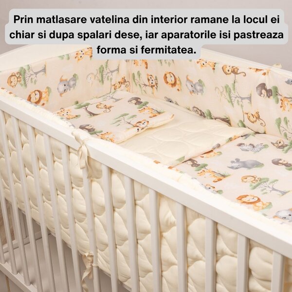 Set lenjerie patut 120x60 cm 5 piese Kidizi Baby Animals,model matlasat, include perna, plapumioara, aparatoare si cearceaf