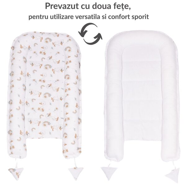 Cosulet patut bebe tip babynest din bumbac 90x50 cm, cu doua fete Kidizi Ducky, alb