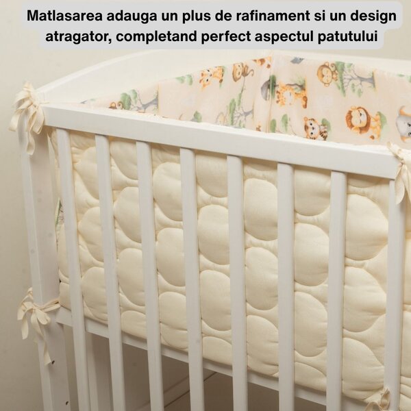 Set lenjerie patut 120x60 cm 5 piese Kidizi Baby Animals,model matlasat, include perna, plapumioara, aparatoare si cearceaf