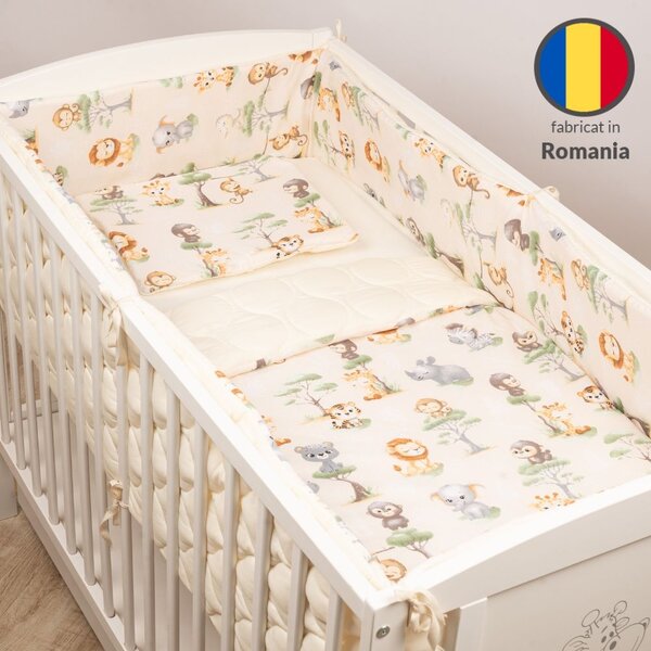 Set lenjerie patut 120x60 cm 5 piese Kidizi Baby Animals,model matlasat, include perna, plapumioara, aparatoare si cearceaf