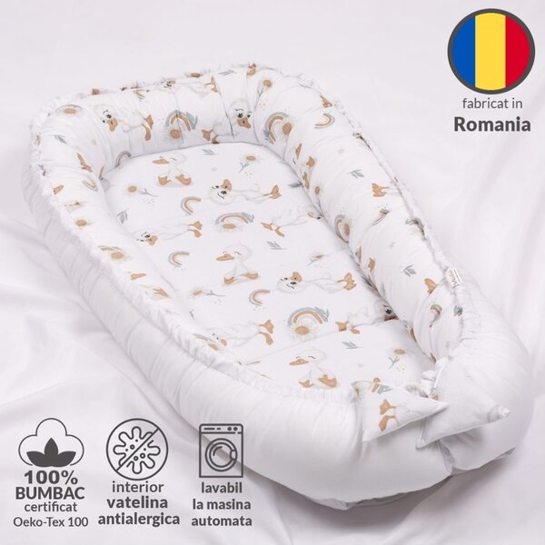 Cosulet patut bebe tip babynest din bumbac 90x50 cm, cu doua fete Kidizi Ducky, alb