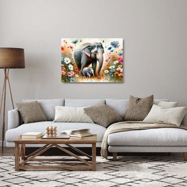Tablou pe sticlă - Mama elefant, acuarelă (70x50 cm)
