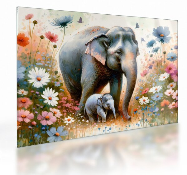 Tablou pe sticlă - Mama elefant, acuarelă (70x50 cm)