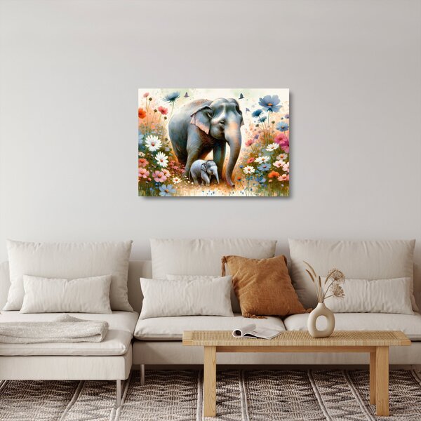 Tablou pe sticlă - Mama elefant, acuarelă (70x50 cm)