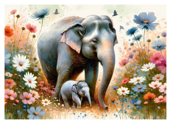 Tablou pe sticlă - Mama elefant, acuarelă (70x50 cm)