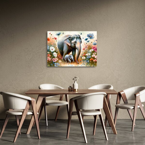 Tablou pe sticlă - Mama elefant, acuarelă (70x50 cm)