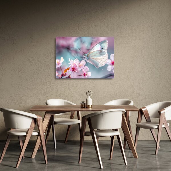 Tablou pe sticlă - Fluture pe un cireș (70x50 cm)