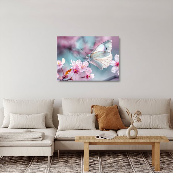 Tablou pe sticlă - Fluture pe un cireș (70x50 cm)