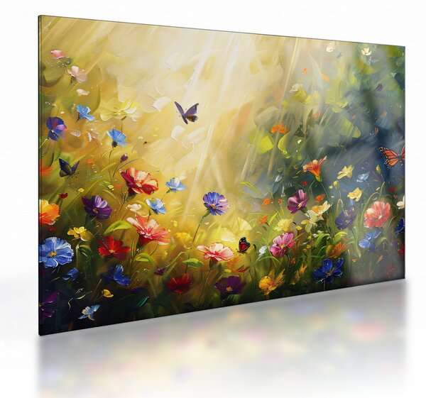 Tablou pe sticlă - Pajiște cu flori de primăvară, pictură (70x50 cm)