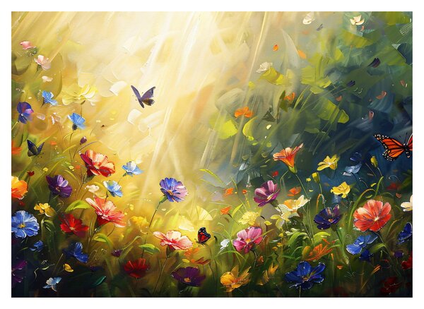 Tablou pe sticlă - Pajiște cu flori de primăvară, pictură (70x50 cm)