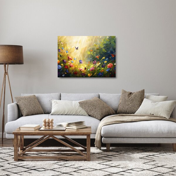 Tablou pe sticlă - Pajiște cu flori de primăvară, pictură (70x50 cm)