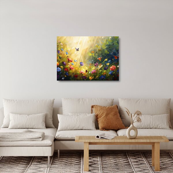 Tablou pe sticlă - Pajiște cu flori de primăvară, pictură (70x50 cm)