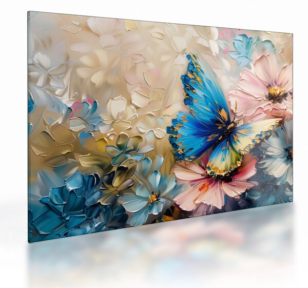 Tablou pe sticlă - Pictura de flori și fluturi (70x50 cm)