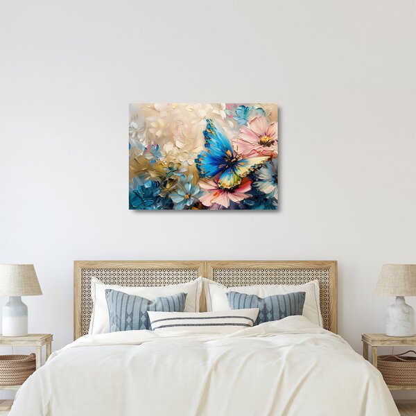 Tablou pe sticlă - Pictura de flori și fluturi (70x50 cm)