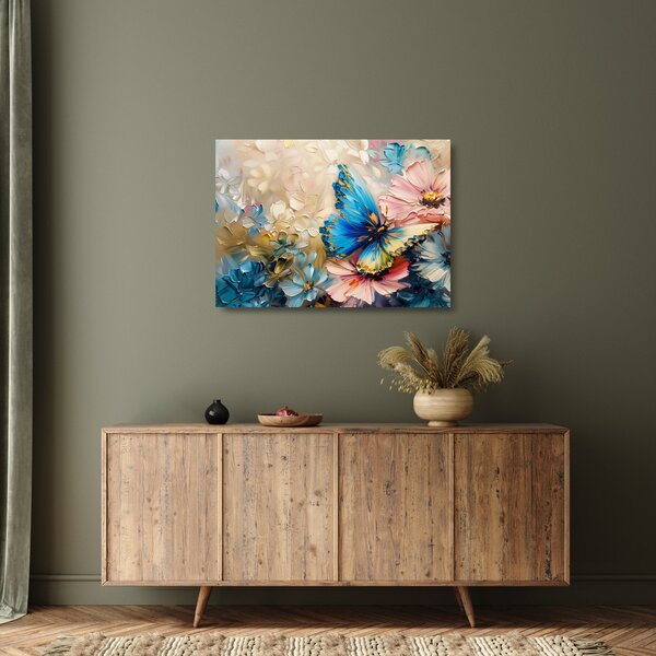 Tablou pe sticlă - Pictura de flori și fluturi (70x50 cm)
