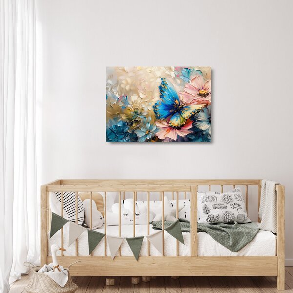 Tablou pe sticlă - Pictura de flori și fluturi (70x50 cm)