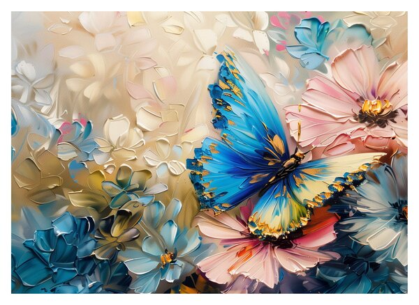 Tablou pe sticlă - Pictura de flori și fluturi (70x50 cm)