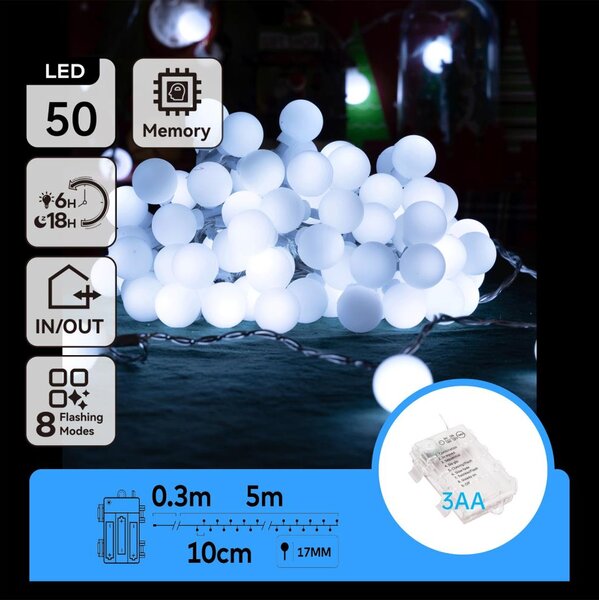 Aigostar - Ghirlandă LED pentru exterior, 50 LED, alimentare 3xAA, 8 funcții, 5,3 m, IP44, alb rece