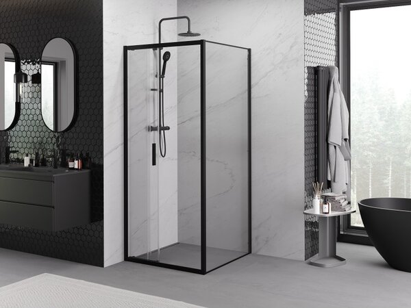 Cabină de duș glisantă Mexen Exo, ușă 100 cm + perete lateral 100 cm, sticlă transparentă, neagră, 8153-100-100-70-00