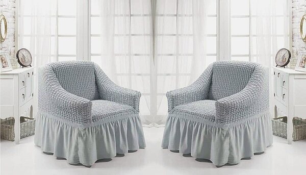 Set 2 huse elastice si creponate pentru fotolii, cu volanas, culoare Gri