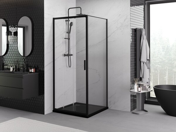 Cabină de duș glisantă Mexen Exo, ușă 100 cm + perete lateral 100 cm, sticlă transparentă, neagră, 8153-100-100-70-00