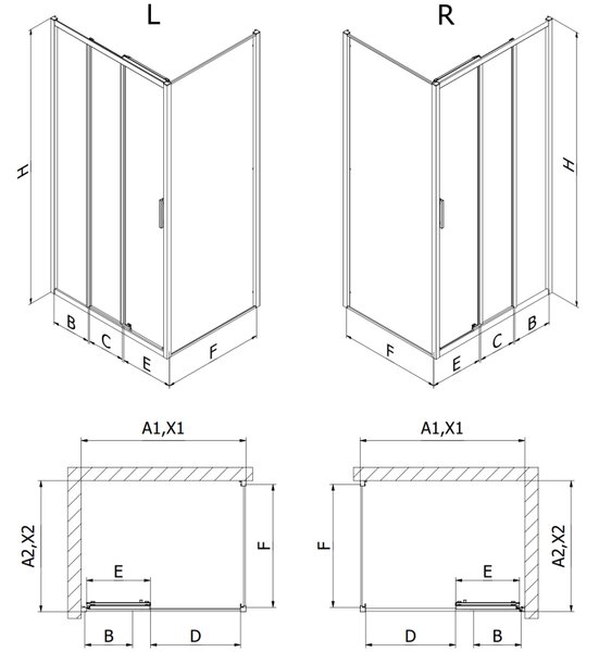 Cabină de duș glisantă Mexen Exo, ușă 100 cm + perete lateral 100 cm, sticlă transparentă, neagră, 8153-100-100-70-00