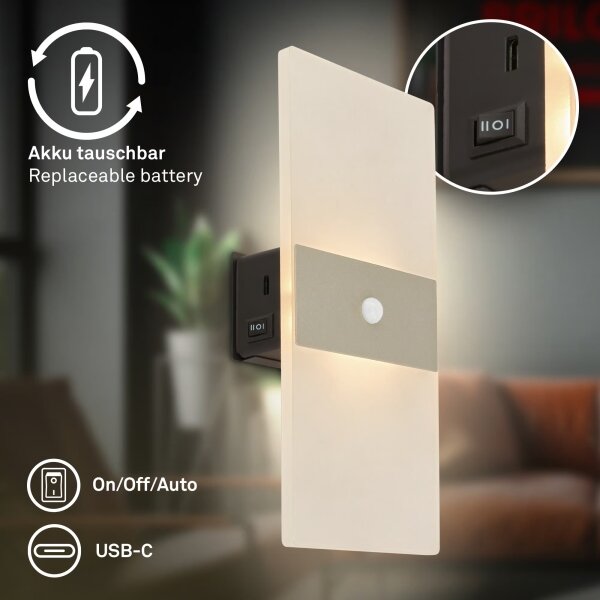 Briloner 3888012 - Aplica LED reîncărcabilă de perete cu senzor AURA, 2,5W/5V, 1800 mAh, mată