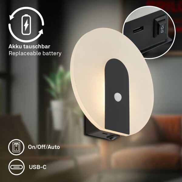 Briloner 3889015 - LED lampă de perete reîncărcabilă cu senzor TARO LED/2,5W/5V 1800 mAh neagră