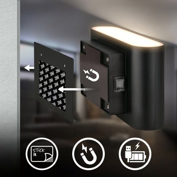 Briloner 3878015 - Aplică LED de perete reîncărcabilă cu senzor CHAT LED/3W/5V 2000 mAh, negru