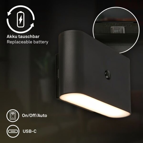 Briloner 3878015 - Aplică LED de perete reîncărcabilă cu senzor CHAT LED/3W/5V 2000 mAh, negru
