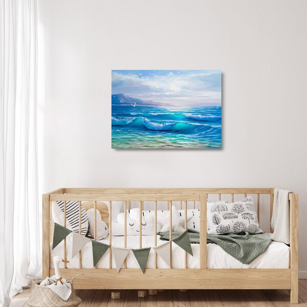 Tablou pe sticlă - Pictură în ulei de mare cu pescăruși (70x50 cm)