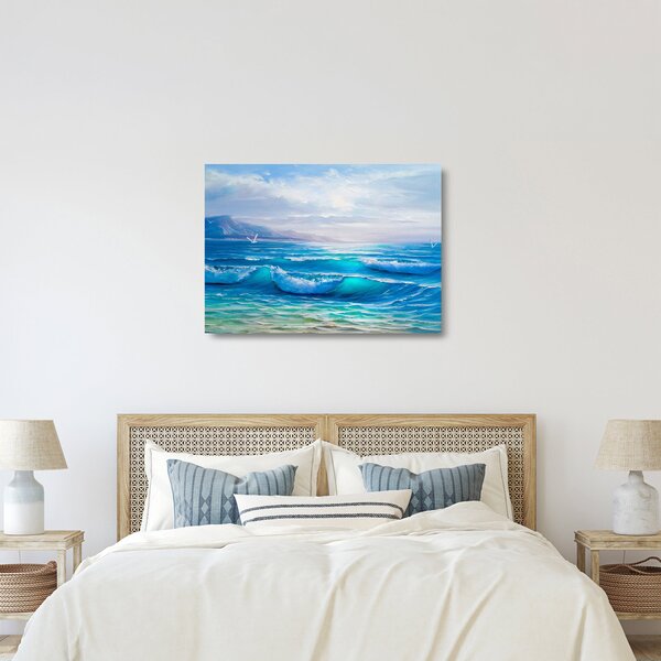 Tablou pe sticlă - Pictură în ulei de mare cu pescăruși (70x50 cm)
