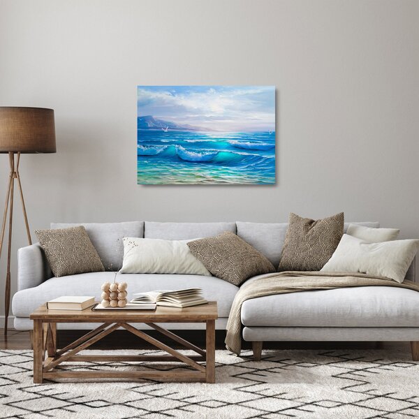 Tablou pe sticlă - Pictură în ulei de mare cu pescăruși (70x50 cm)