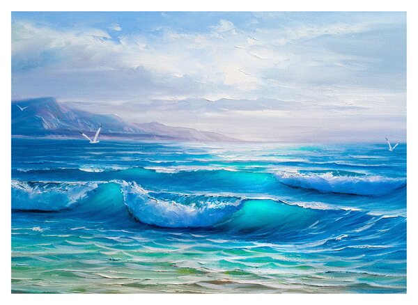 Tablou pe sticlă - Pictură în ulei de mare cu pescăruși (70x50 cm)